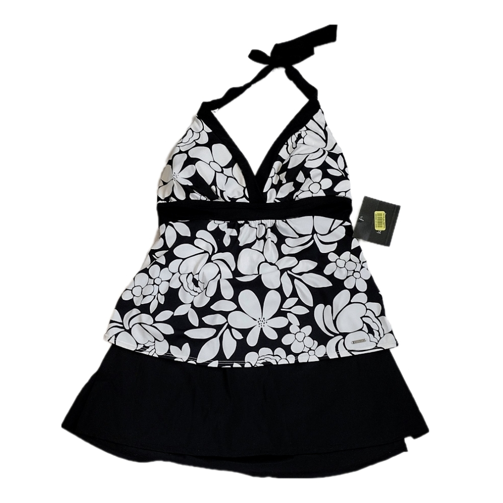NWT Liz Claiborne Black & White Floral Tankini Set